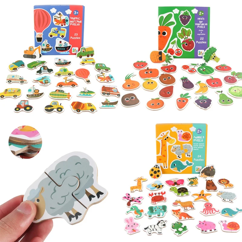 Kids Wooden Montessori Jigsaw Matching Puzzle Toy Game Baby Early Learning Cognition Animal Fruit Traffic Educational Gifts