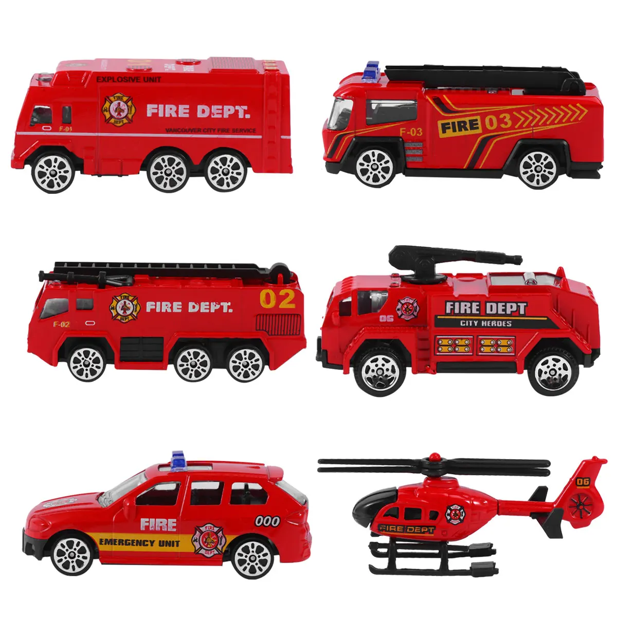 Coche de simulación de motor de bomberos fundido a presión con Control de inercia, regalo para niños, coche extraíble de aleación de calidad, 6 uds.