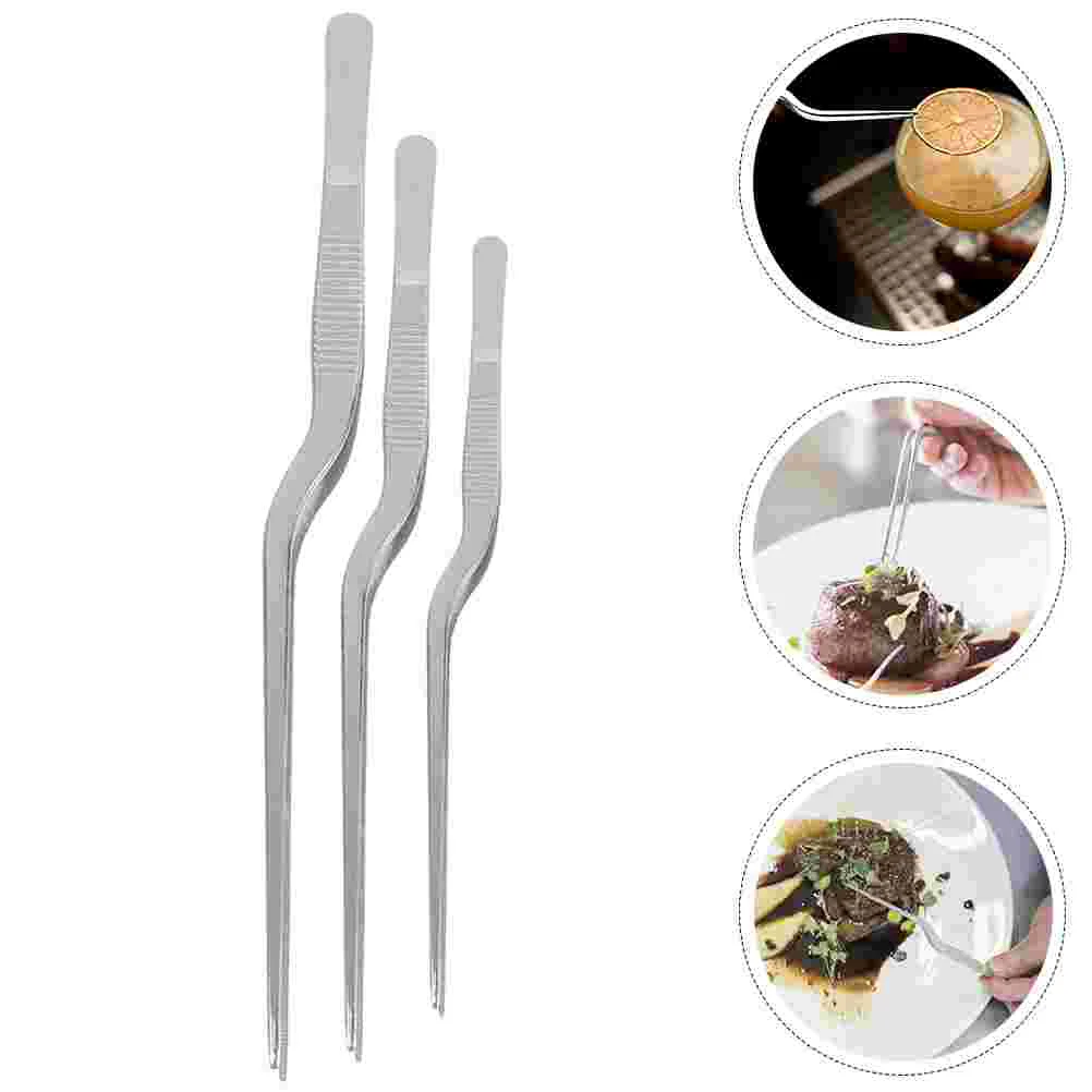 3 Pcs Hair Metal Stainless Steel Tweezers Food Tongs Culinary 20X15X1CM Fish Bone Curved Tip