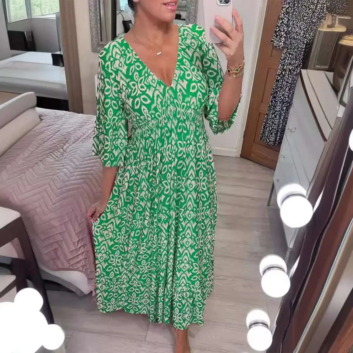 2023 Novo plus size estampa floral V-Ne Long Dr Casual Beach Vaion Saia solta ajuste versátil feminino Dr Tee-quart...