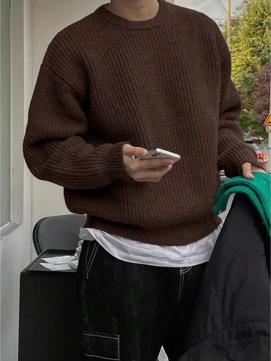 

Унисекс свитер свободного кроя из рубчатой ткани, со спущенным плечом, круглым вырезом, теплый пуловер для осени и зимы