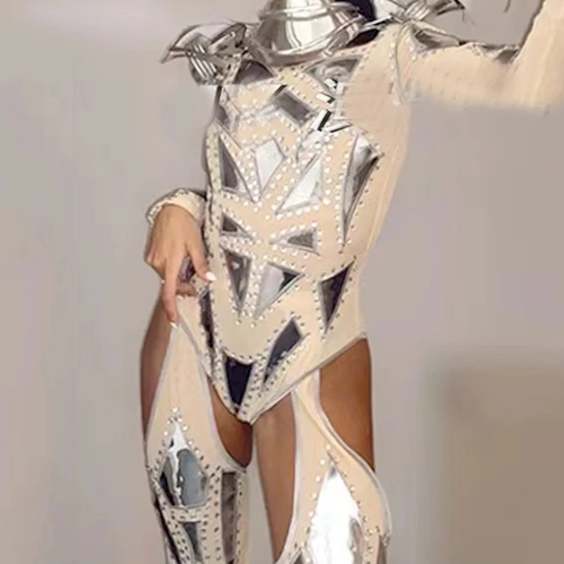 New Tech Style Gogo Costume Sexy Jazz Dance Feather Headdress Armor Silver Jumpsuit Bar Nightclub DS DJ Stage Rave Outfit Set