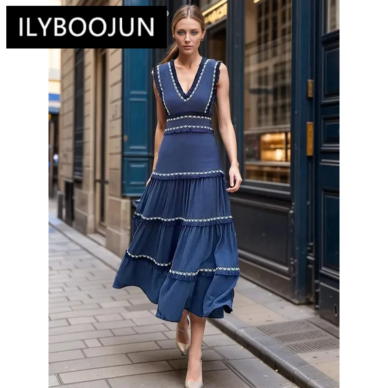 

ILYBOOJUN Colorblock Casual Spliced Tassel Dress For Women V Neck Sleeveless High Waist Slim Dresses Female Fashion Style New