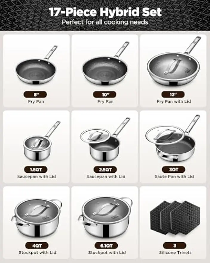 Cookware Set Hybrid Stainless Steel 17 Piece Nonstick Pots Pans