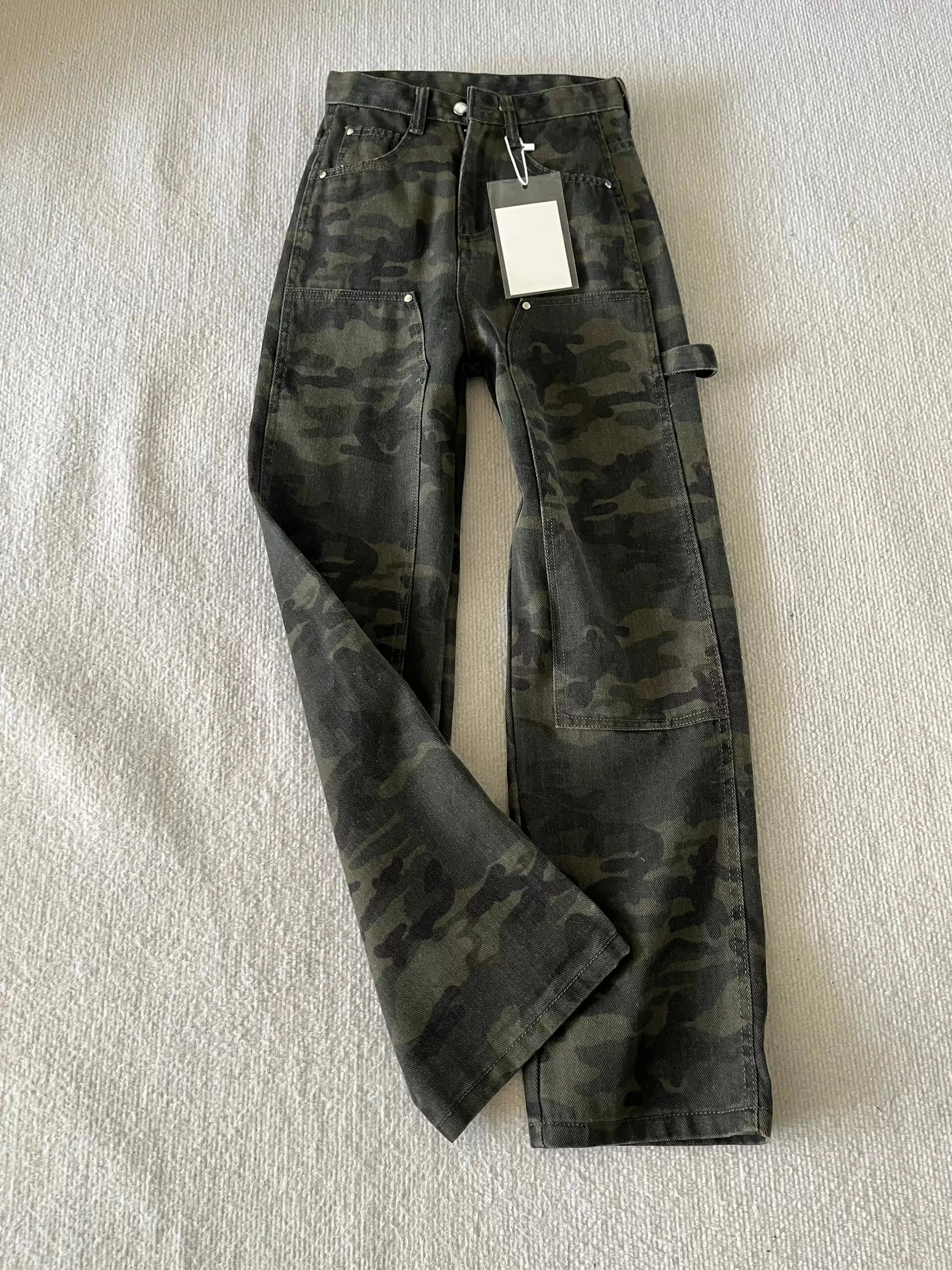 

American Retro Camouflage Workwear Jeans Men's Casual Straight Leg Loose Fit Denim Pants High Waist Zipper Closure Youth Faion