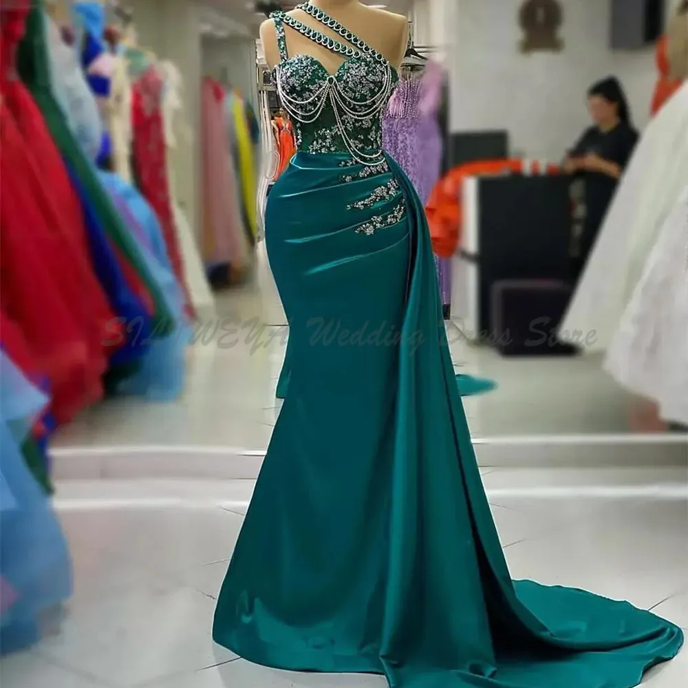 

Aso Ebi Arabic Hunter Green Mermaid Prom Dress Crystals Lace Evening Formal Party Second Reception Birthday Engagement Gowns