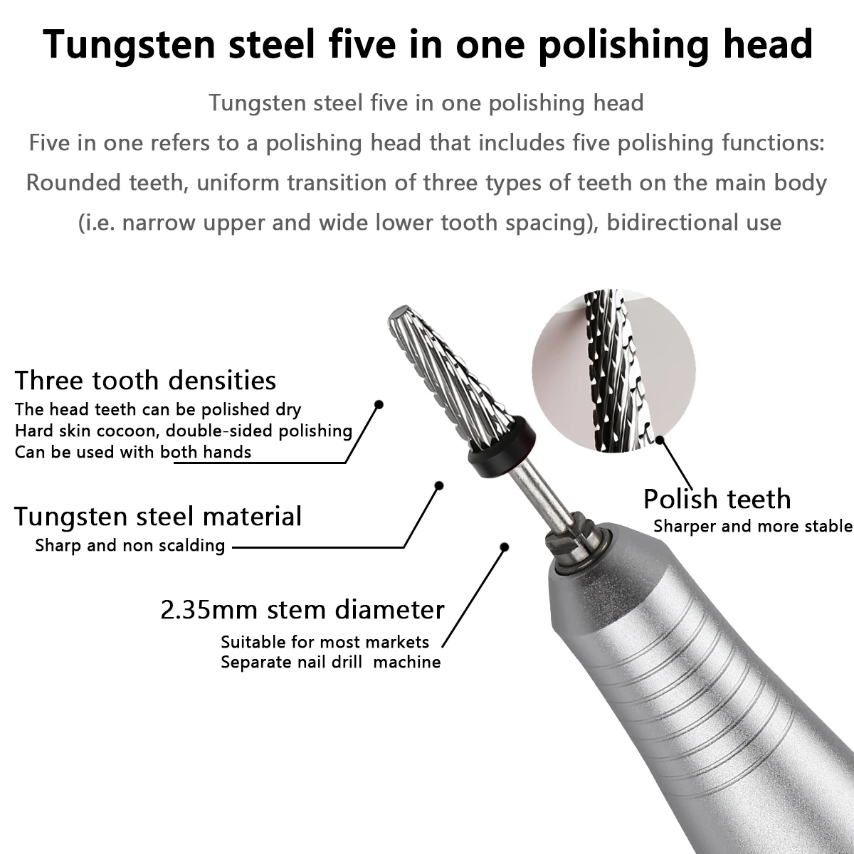 5 in 1 Tungsten Steel Nail Drill Bits Milling Cutters For Manicure Remove Polish Gel Electric Nail File Machine Accessories Tool