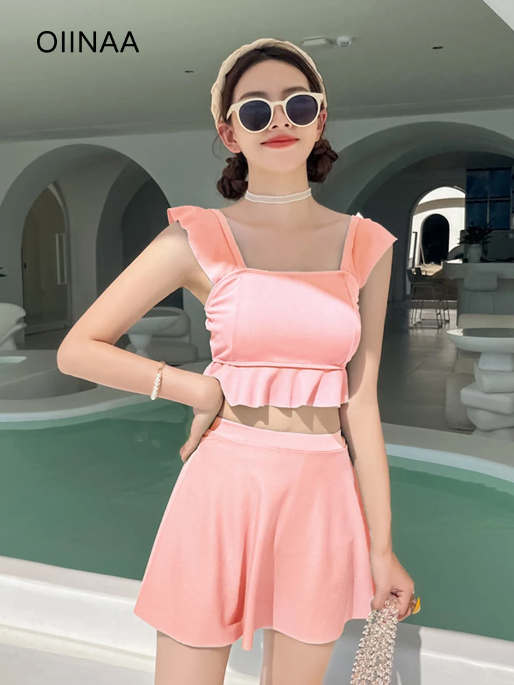 

OIINAA Swimwear Women Split Swimsuit Ruffled Fashion Bikini Set High Waisted Black Hot Spring Swimwear Summer 2025 New Beachwear