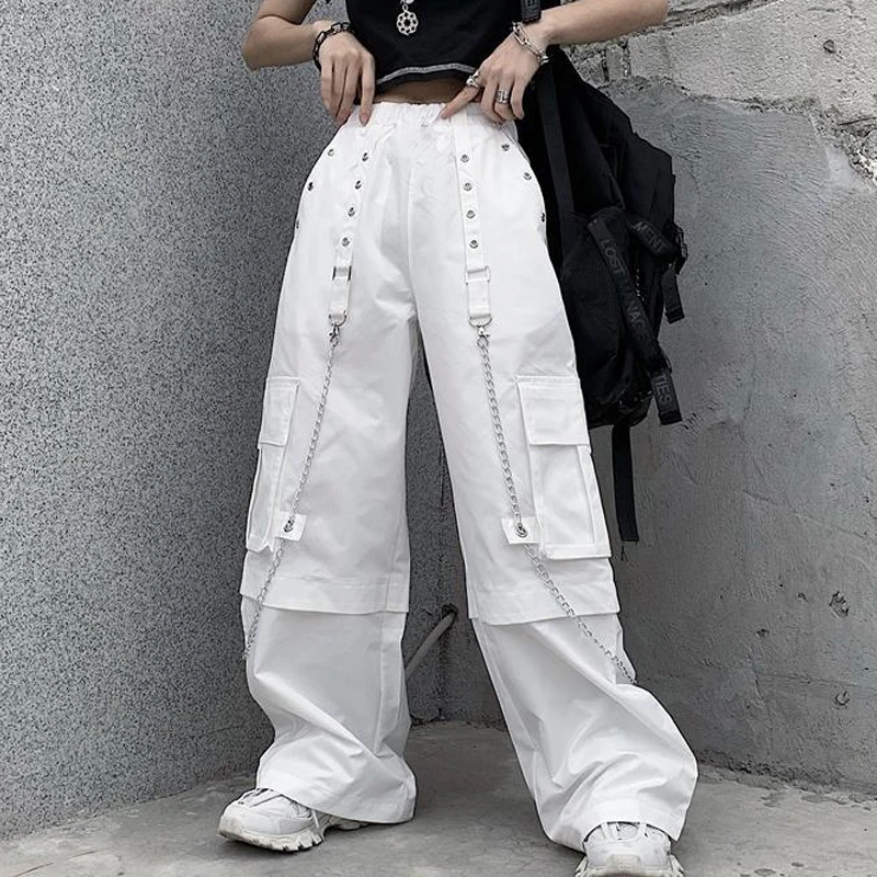 Women Trendy Vintage Casual Streetwear Pocket Cargo Pants Y2K Female High Waist White Hip Hop Loose Trousers Straight Pantalones