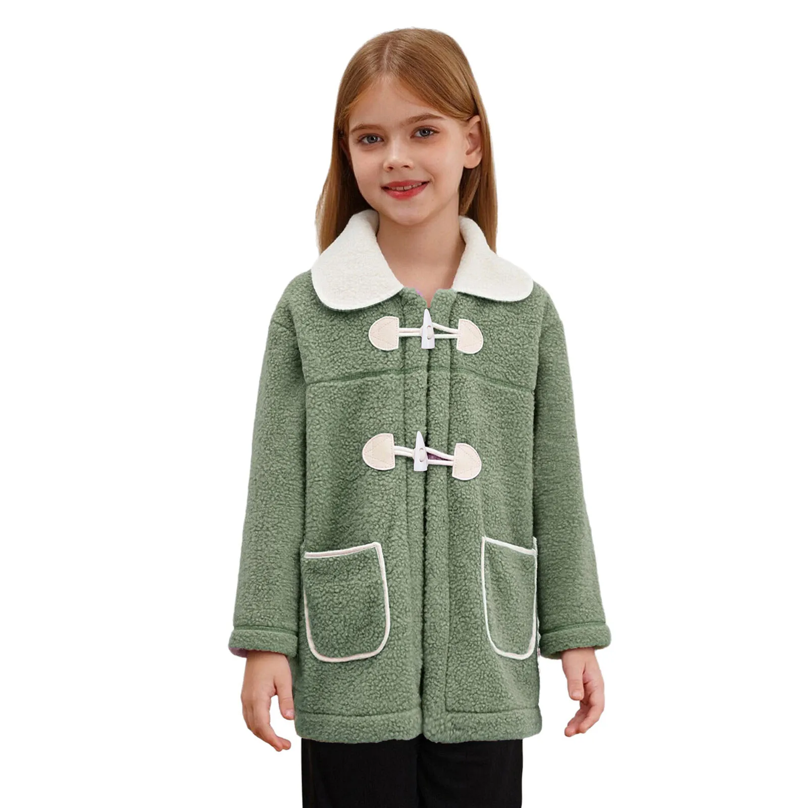 

Kids Girls Winter Warm Fleece Jacket Overcoat Casual Turn-Down Collar Long Sleeves Unique Buttons Coat Outerwear with Pockets