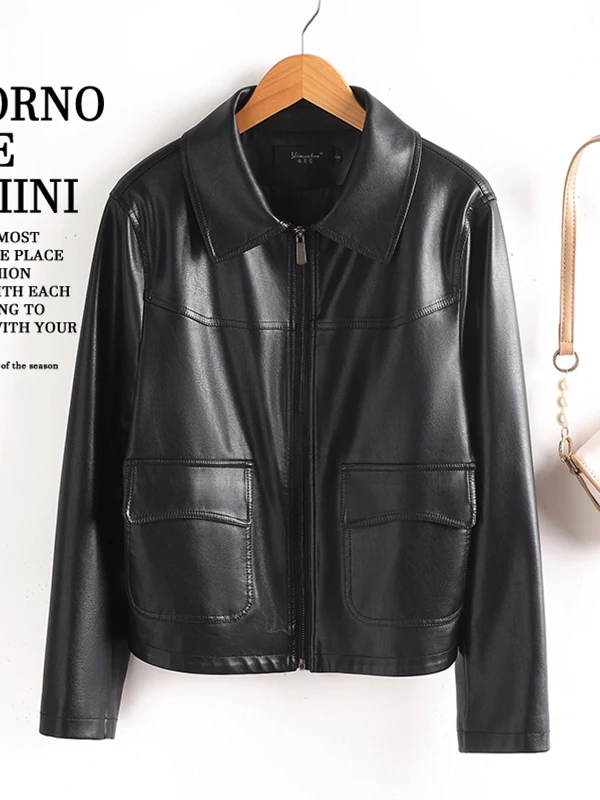  Ning Genuine Leather Jacket Women's Short Style Spring Autumn Casual Loose Slimming Fashion Sheepskin Coat Zipper Closure