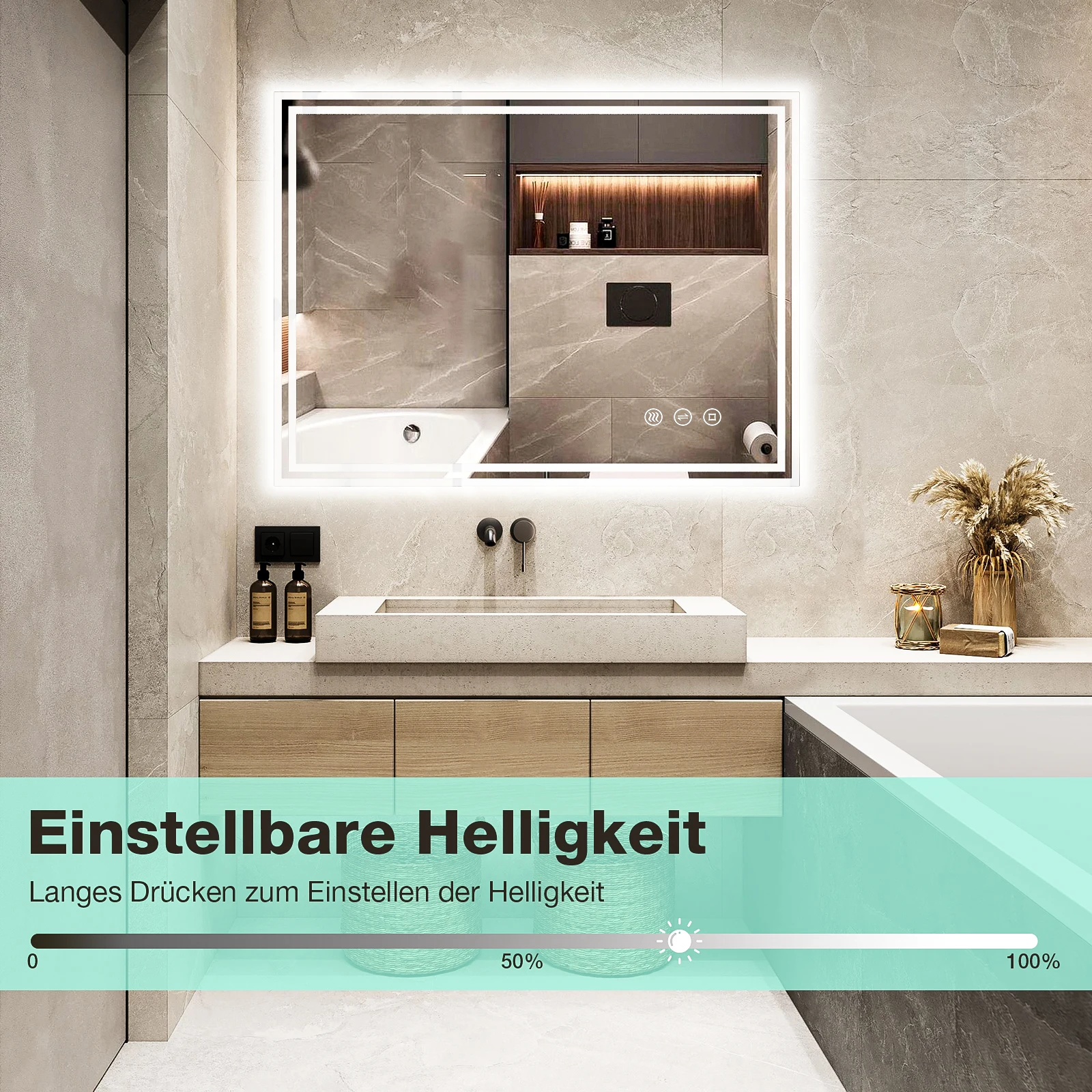 Badspiegel-mit-Beleuchtung 80x60cm, 3 Farbtemperaturen Led Badspiegel mit Steckdose Anti-Beschlag Speicherfunktion IP44 Bad Spiegel mit Licht Horizontal/Vertikal Installation – Detail 2