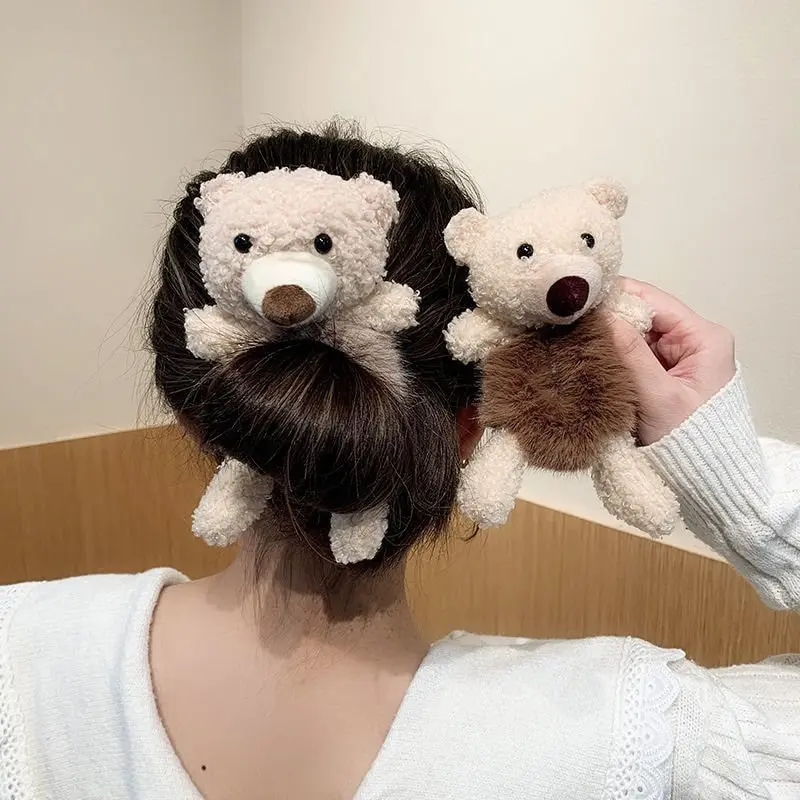 1/2pcs Girls Lovely Scrunchies Cute Bear Hair Band Imitation Rabbit Fur Hair Rope Soft Warm Rubber Band Pretty Hair Accessories