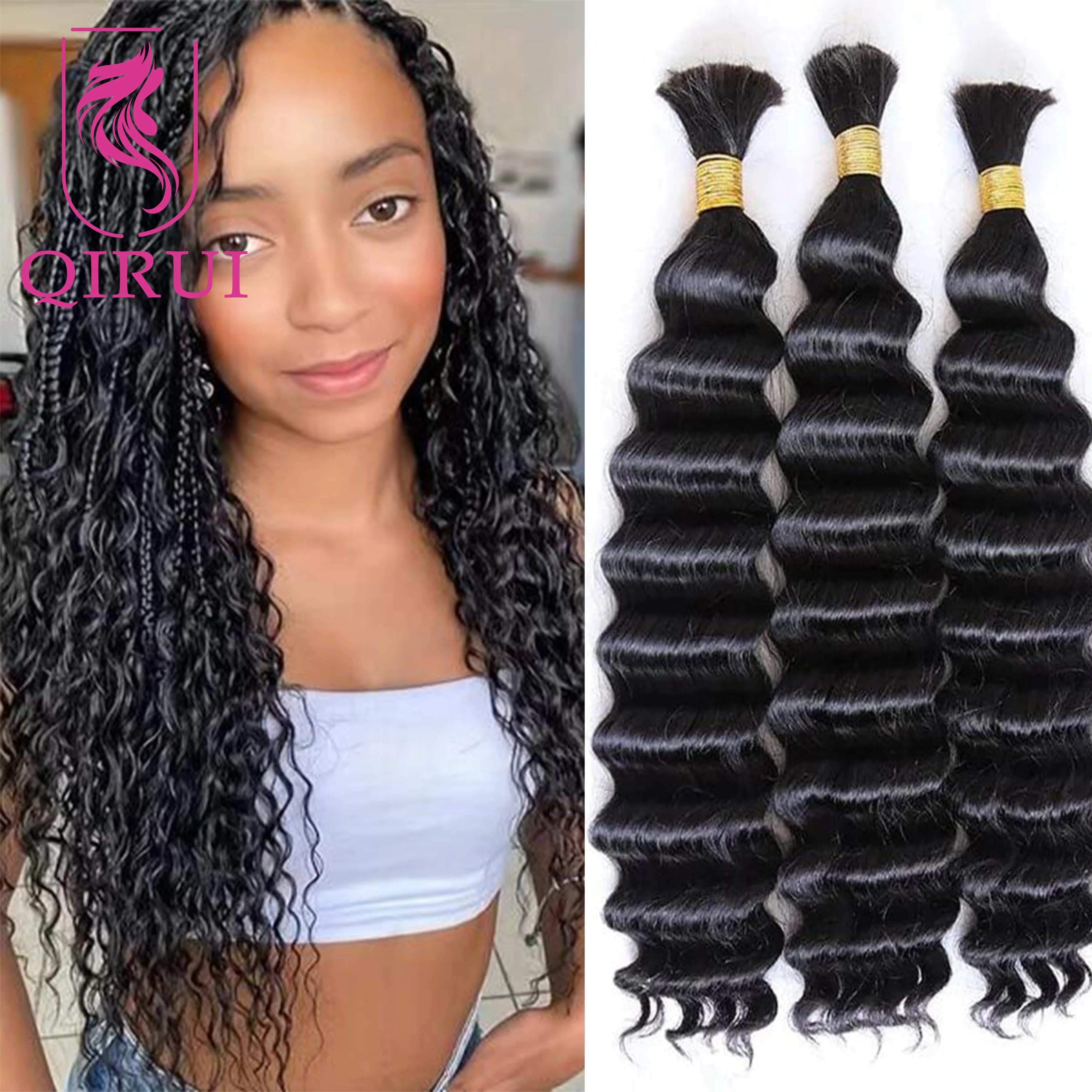 

Double Drawn Bulk Human Hair No Weft For Braiding Deep Wave Hair Bundles Indian Natural Black Virgin Hair For Braids 100g