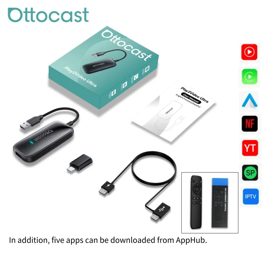 OTTOCAST Play2Video Ultra Wireless CarPlay & Android Auto AI Box met ingebouwde YouTube, Netflix, IPTV, Plug & Play Carplay WiFi6 Box