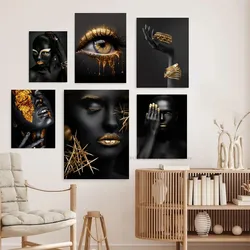 1PC Modern Black Gold African Woman Portrait Poster Paper Print Home Living Room Bedroom Entrance Bar Restaurant Cafe Art