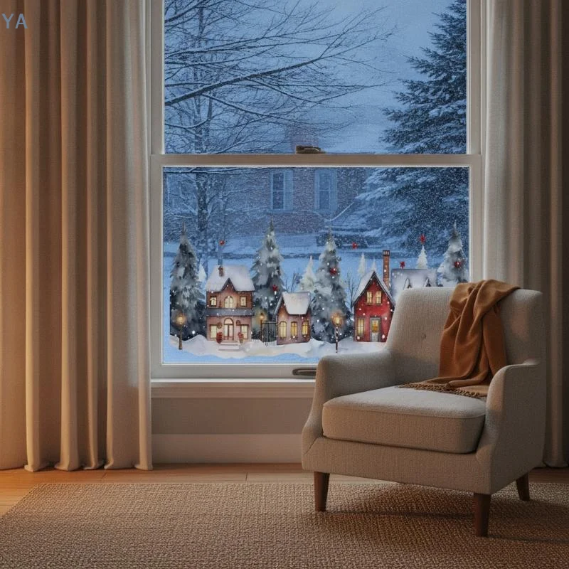 Winter Village Window Stickers Static Cling Snow House Pine Tree Designs for Christmas Indoor Outdoor Glass Decoration