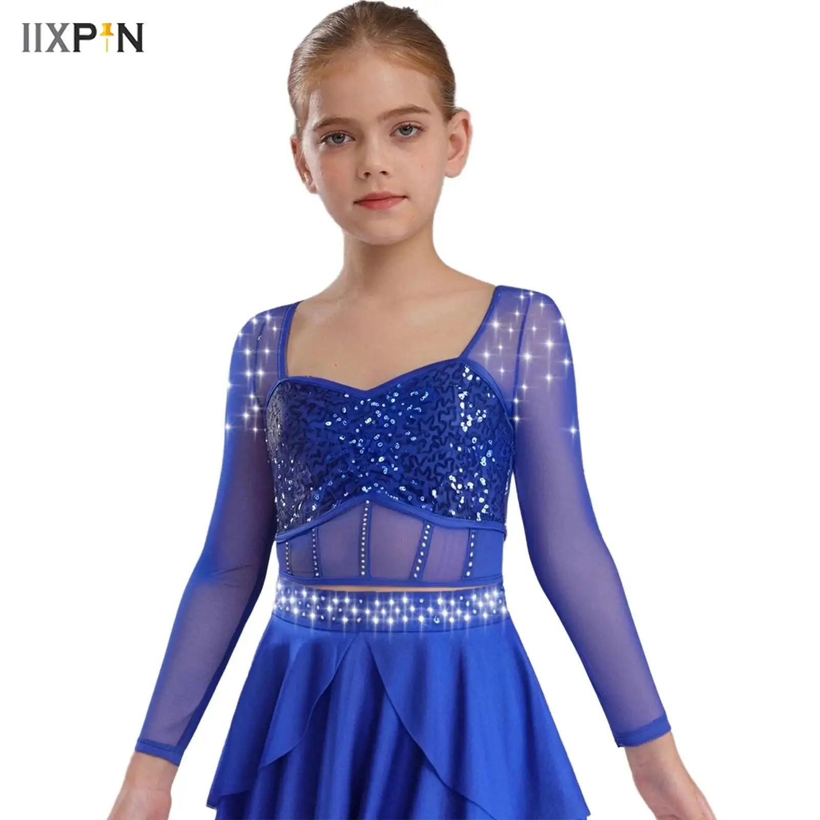 

Kids Girls Jazz Ballet Dance Top Shirts Sheer Mesh Patchwork Sweetheart Neck Long Sleeve Sparkly Sequins Rhinestones Crop Top