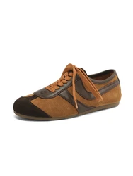 NEW 2025 Trend Natural Suede Splicing Women Flats Spring Autumn Lace Up Flat Shoes Ladies Apricot Brown LEISURE Round Toe Shoe
