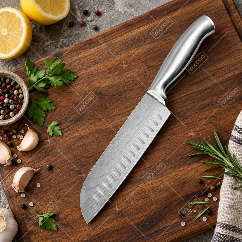 WXCOO Full Stainless Steel Knife 7inch Santoku Knife Damascus Laser Pattern Cleaver Knife Cooking Fruit Utility Knife with Box