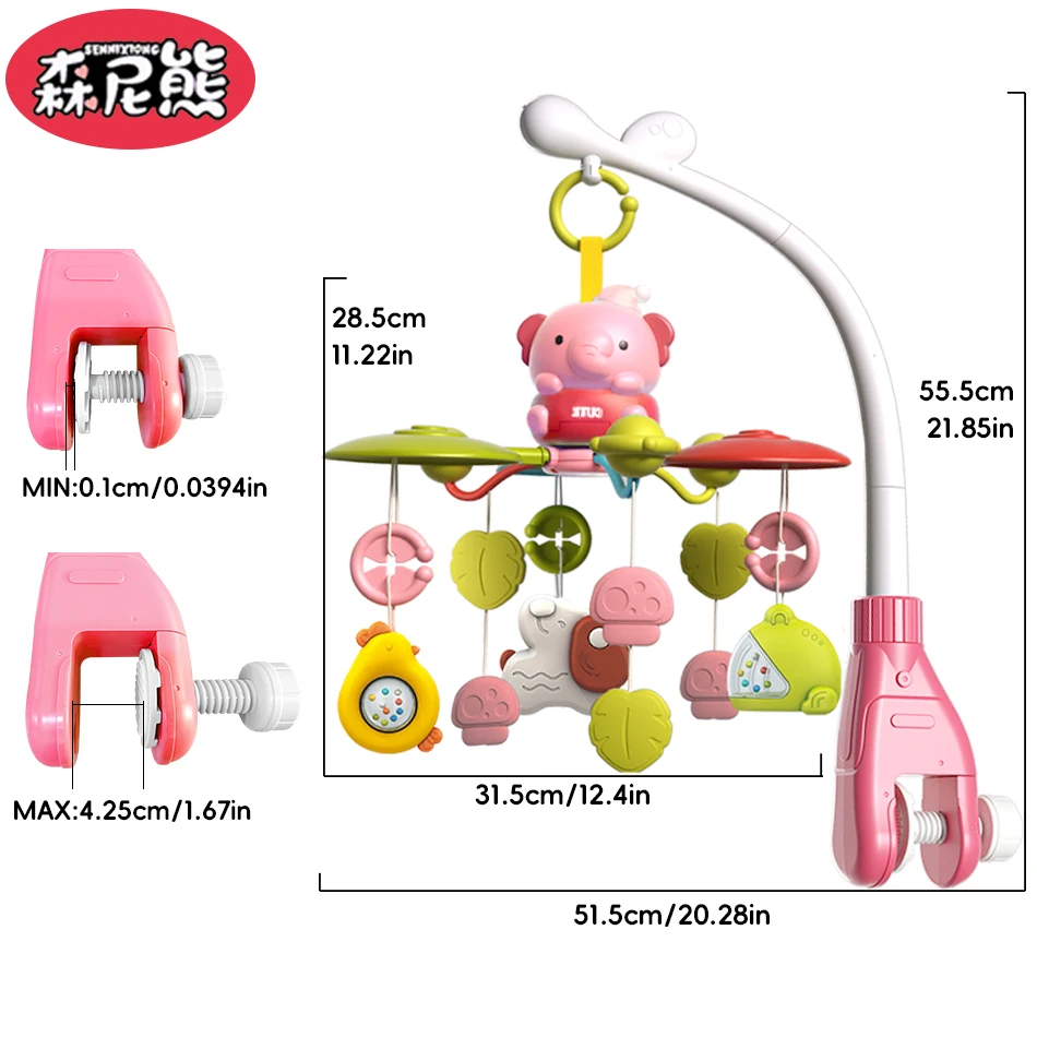 SENNIXIONG Electric Musical Rotation Elephant Soothing Bed Bell Mobile Night Light Infant Rattle Montessori Sensory Toddler Toy