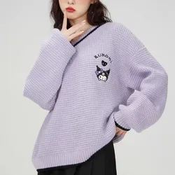 Hello kitty Kuromi Embroidery Knitted Y2K Women Japanese style Loose Academy Style Cute Kawaii Fashion cartoon Pullover Sweater