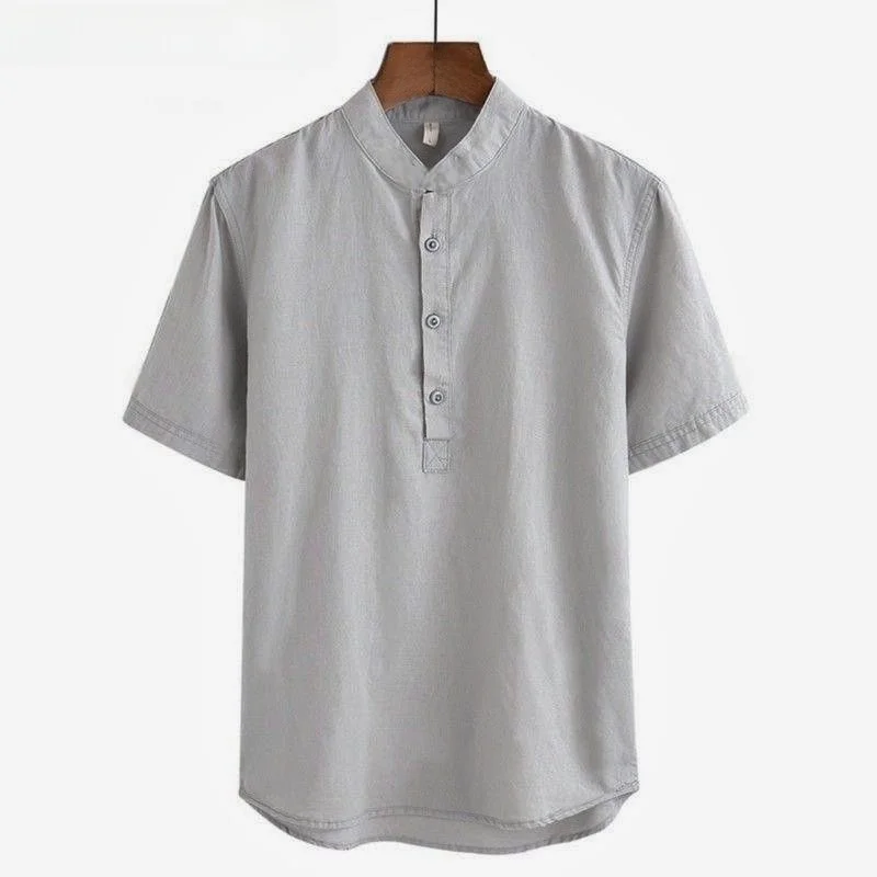 여름용 면 린넨 남성용 셔츠, 루즈핏 심플 슬리브 통기성 좋은 린넨 셔츠, 오픈 프론트 칼라
