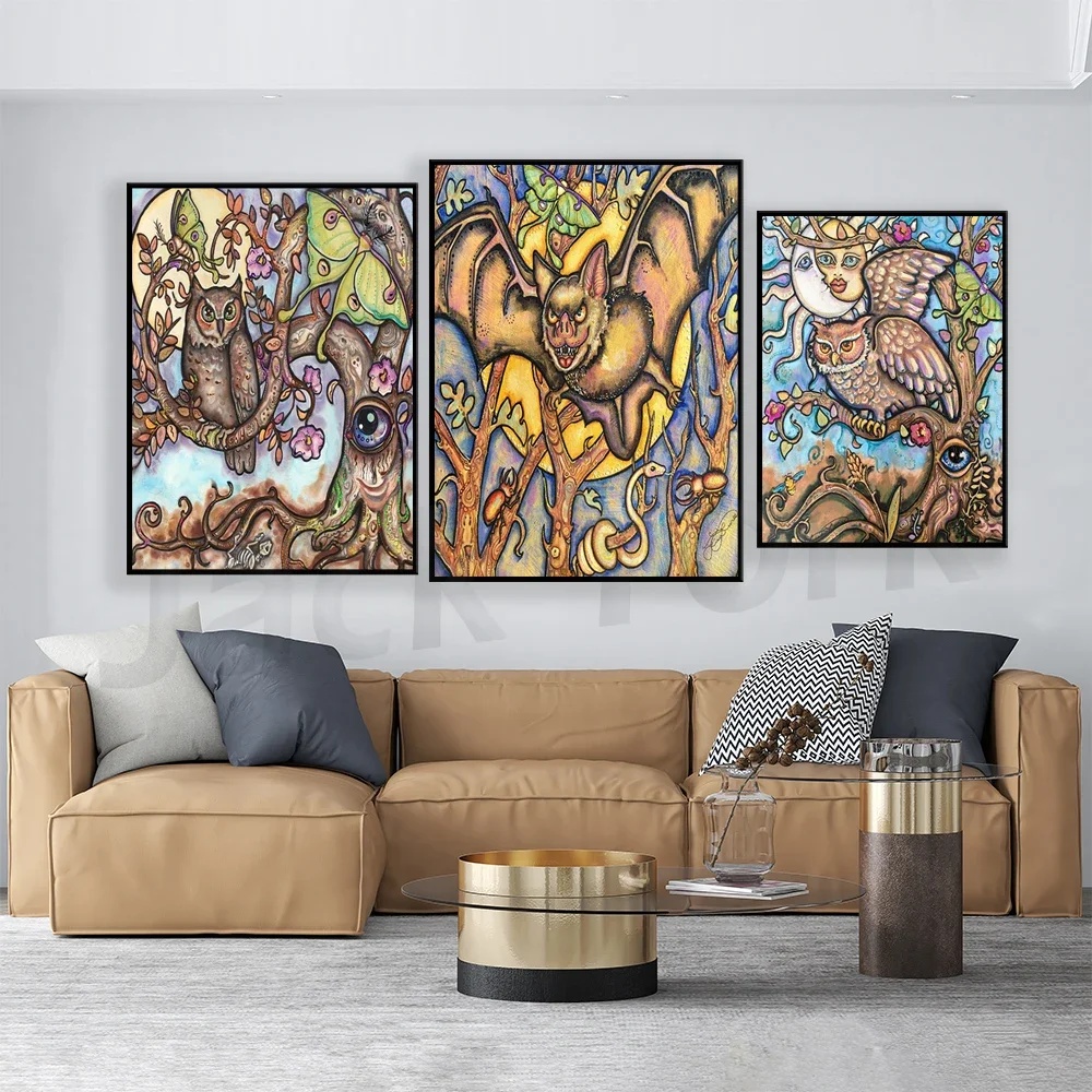 Moonlight Wonders - Owl Luna Moth print,  Moonlight Vampire Bat Luna Moth Snake Beetles art print