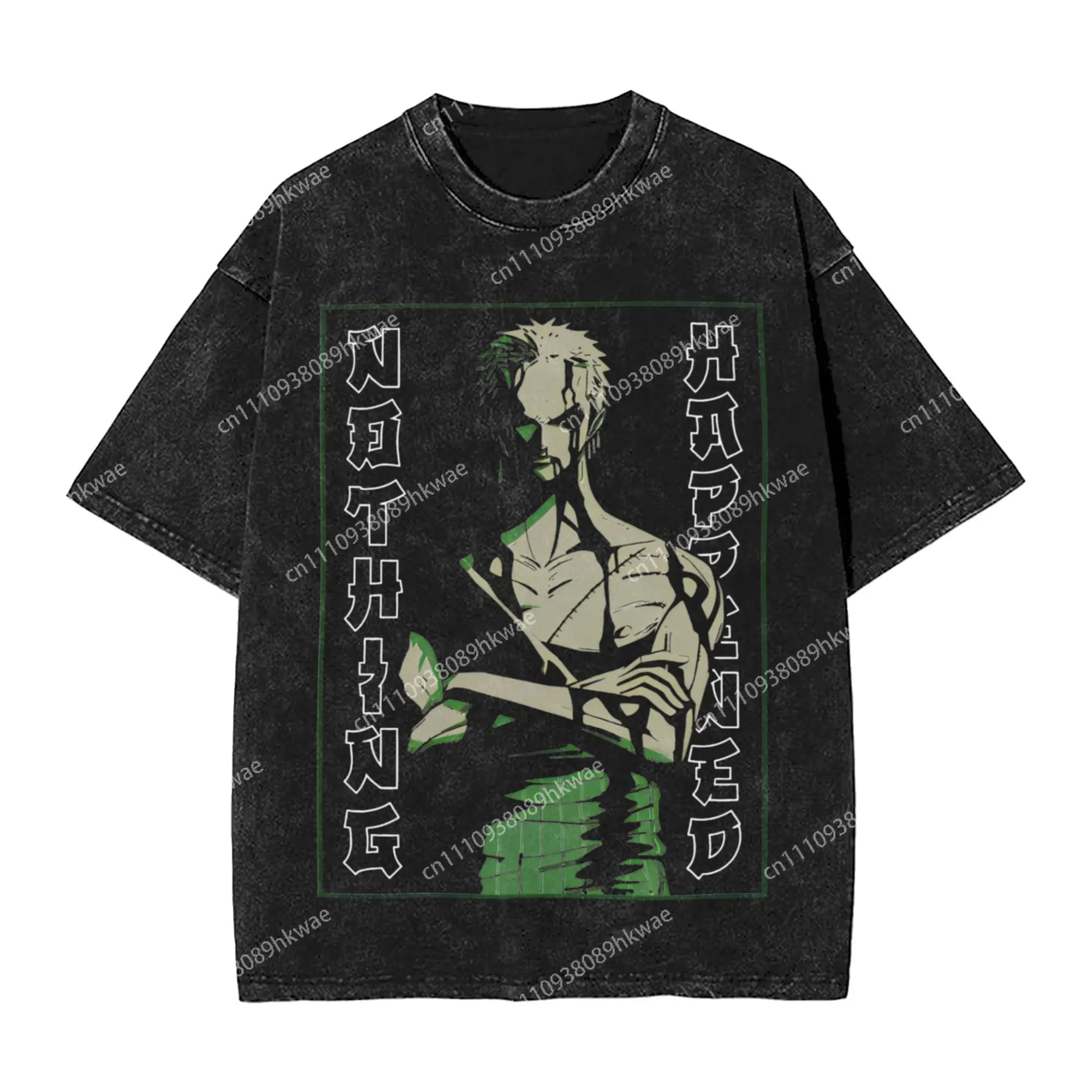 One Piece Roronoa Zoro Nothing Happened Washed T Shirt Hip Hop Retro T-Shirts  Tees Men Women 100% Cotton Harajuku Summer