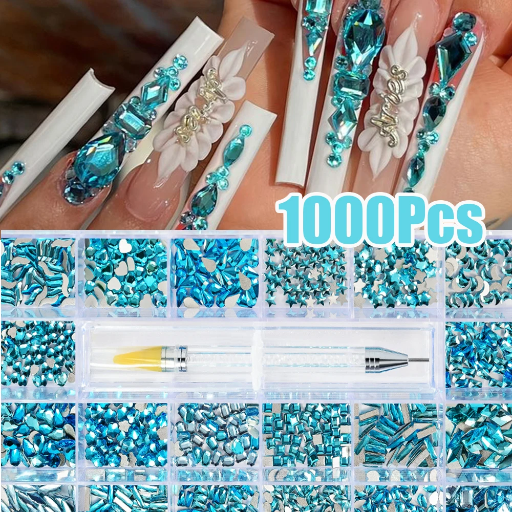 

1000Pcs Summer Lake Blue Luxury Crystal Nail Rhinestone Mixed-Shape Water-Drop/Heart Shiny Diamond With Wax Pen Platback Diamond