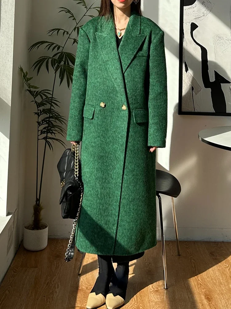 High Quality Women Cashmere Wool Double-sided Coat Long Straight Tube Loose Lapel Single Breasted Woolen Coats Fit Autumn Winter