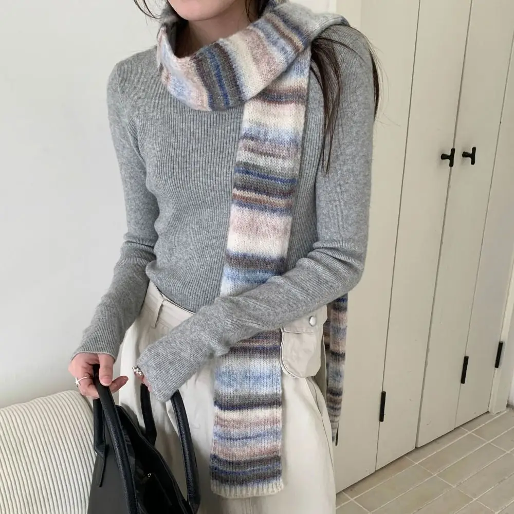 Soft Korean Style Rainbow Striped Scarf Plush Thickened Cashmere Knitted Scarf Windproof Neck Warmer Winter Shawl Autumn Winter