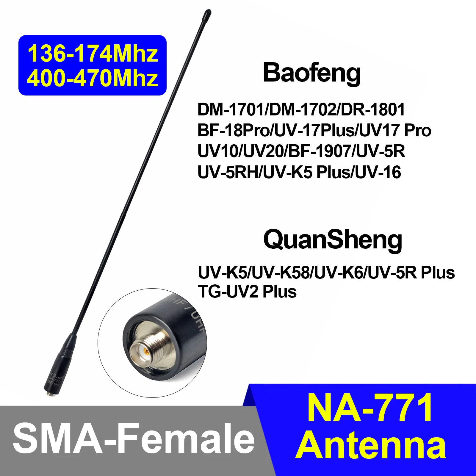 NA-771 Dual-Band 15in VHF/UHF (144/430Mhz) Whip Antenna SMA-Female for BaoFeng UV-5R QuanSheng UV-K5 Kenwood Wouxun Ham Radio