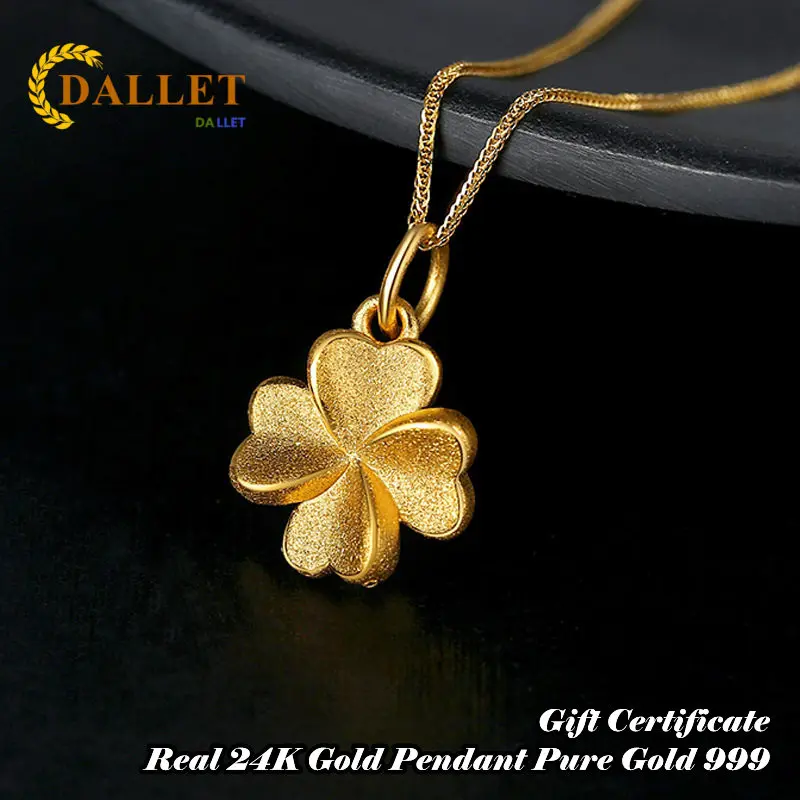 

DELLET Real Gold 999 Clover Necklace 24k Gold Valentine's Day Gift Christmas Gift Women's Jewelry Pendant Original Jewelry