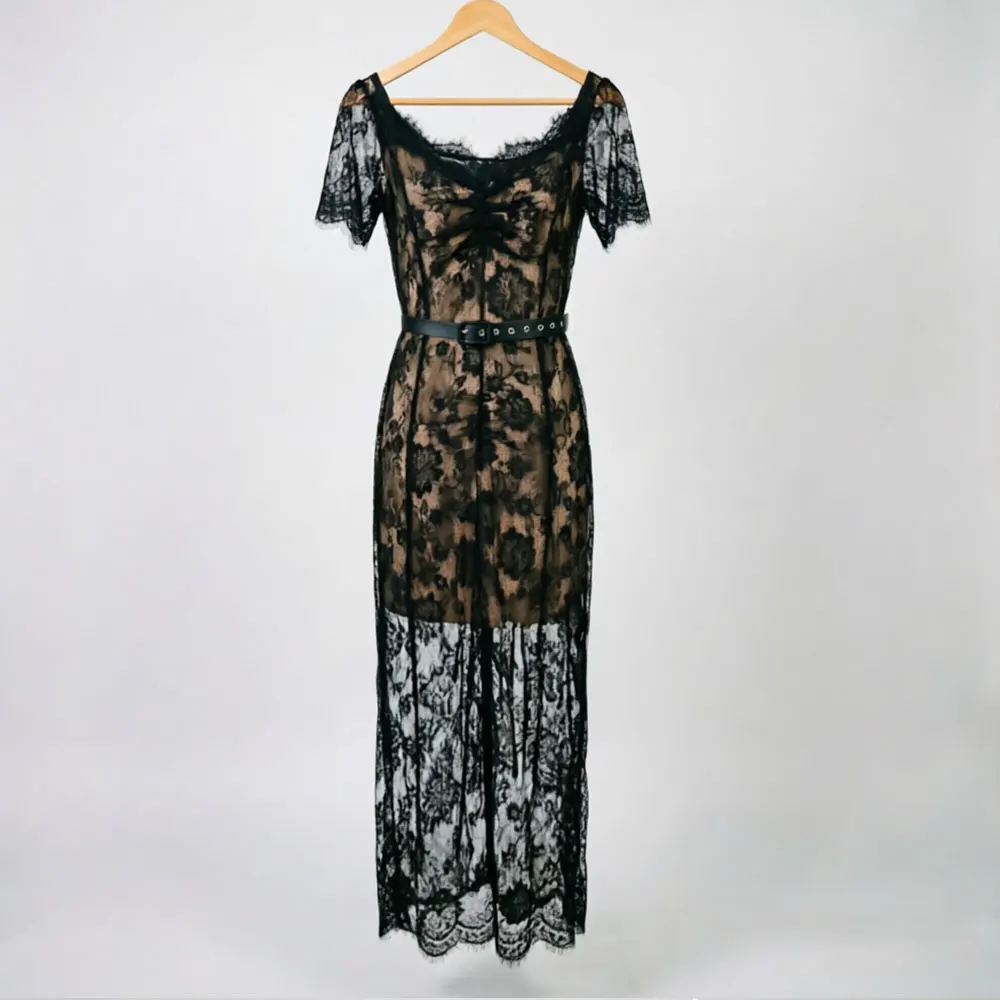 Sexy Black See Through Lace Overlay Dress Women's V-Neck Short Sleeve Slim Fit Bodycon Party Clubwear Summer Beach Sundress