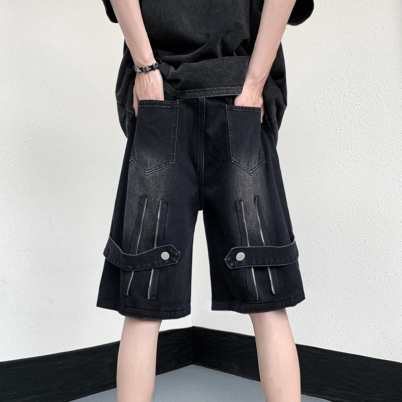 

American Sle Retro High Street Men's ort Pants Double Zipper Loose Workwear Five-Point Straight Tube Jeans Summer Wear