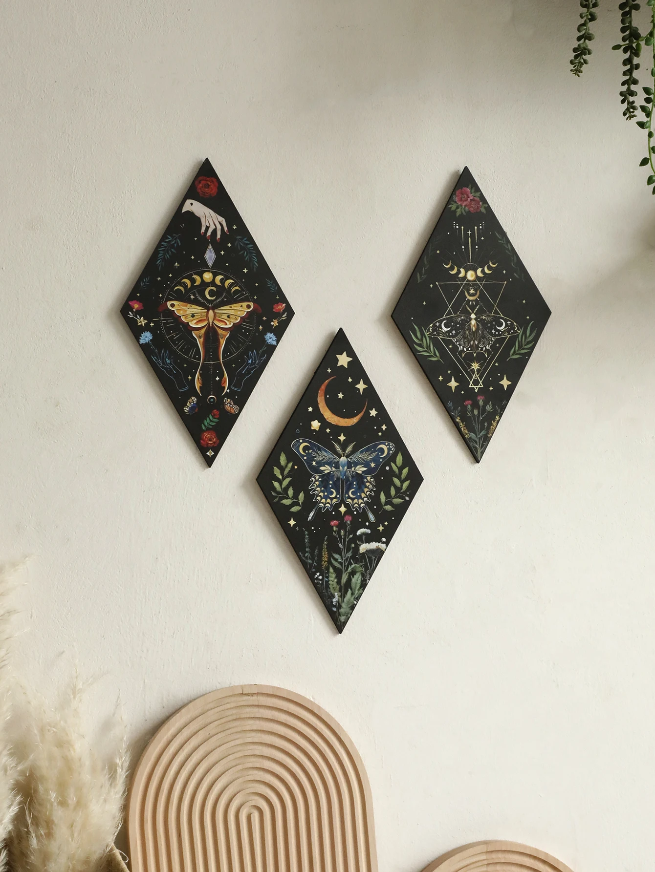 Butterfly Rhomboid Wooden Wall Decor Moon Star Colored Drawing Wall Art Nordic Home Decoration Home Decoration Accessories Gift