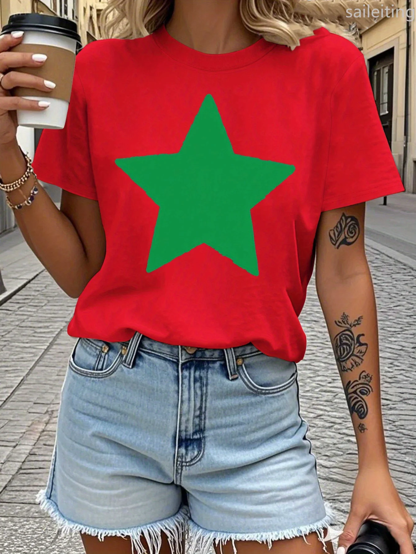 Camiseta informal para mujer con gran estrella verde, camiseta informal con manga Harajuku para mujer, ropa de calle, camisetas, ropa estética
