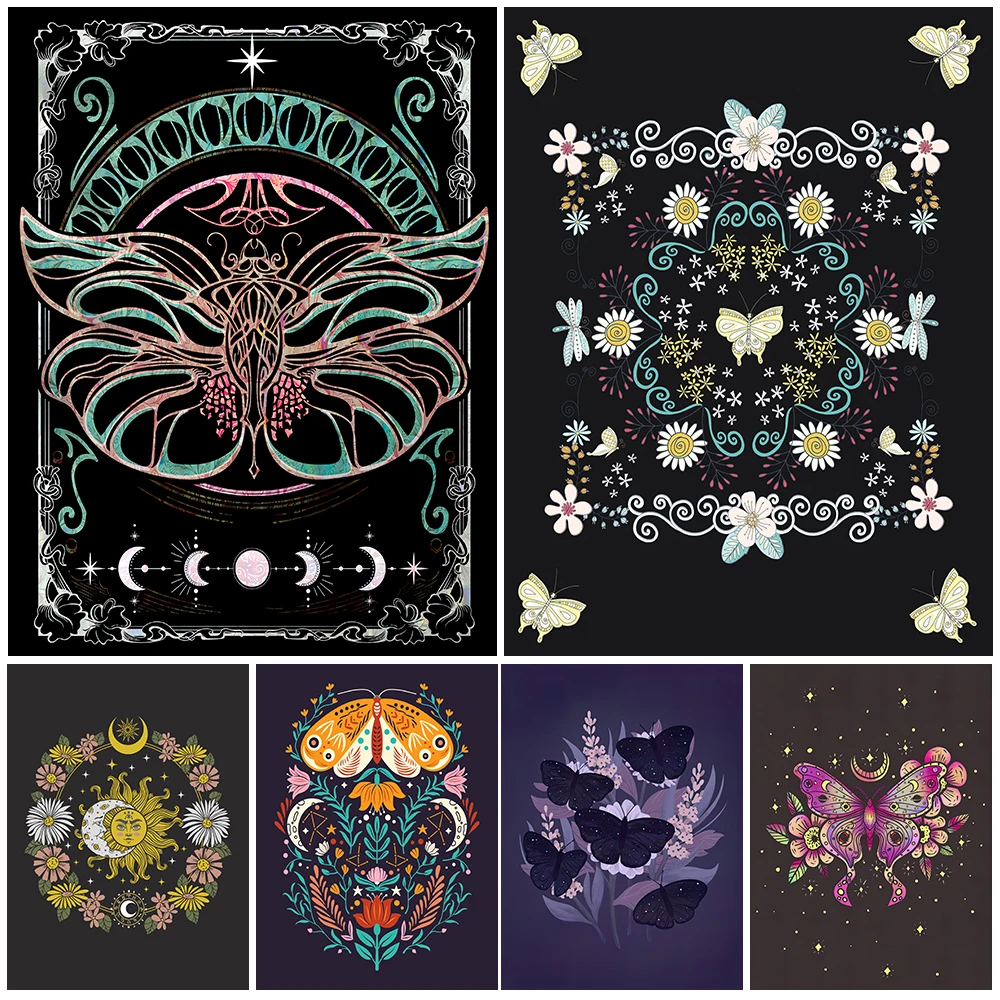 Goth Butterfly And Moon Easter Floral Wall Art Canvas Painting Mysterious Moth Witchcraft Art Poster And Print Home Decoration