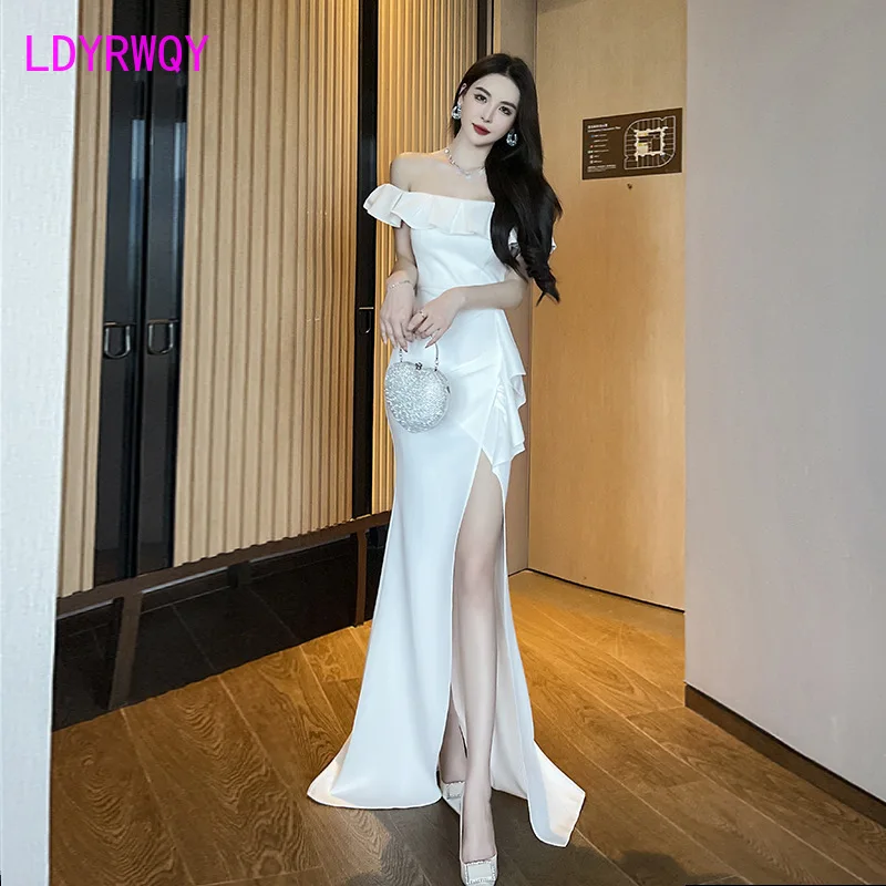 Night scene sexy one shoulder dress, high-end long dress, women's ruffle edge temperament, socialite high slit evening dress