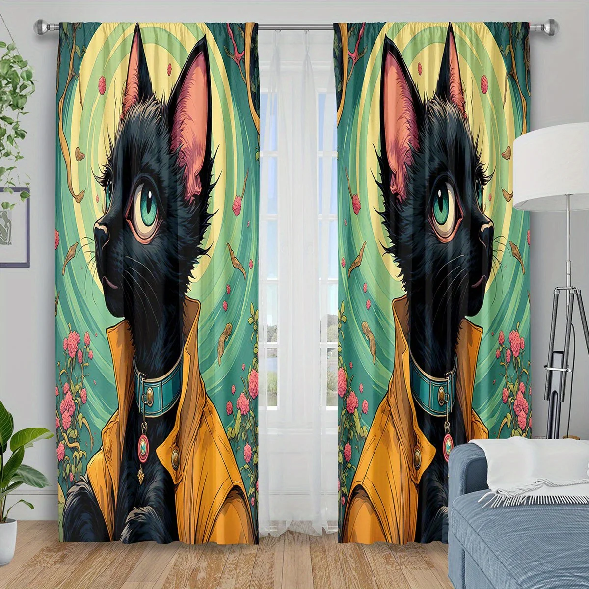 Artistic Black Cat Print Curtains, Cute Animal Portrait Blackout Drapes for Bedroom, Vintage Style Pet Lover Home Decor Window