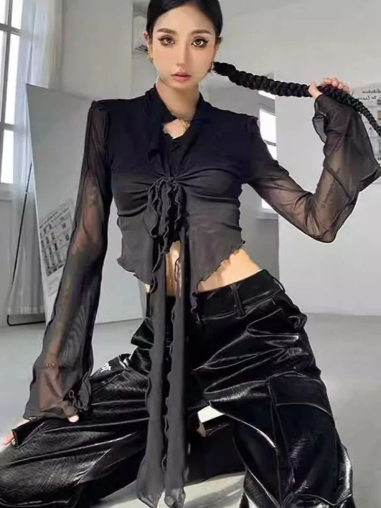 France Elegant Pure Desire Mesh Cardigan Women Summer Autumn Thin Semi-transparent Tie-up Bell Sleeves Slimming Short Trendy Top