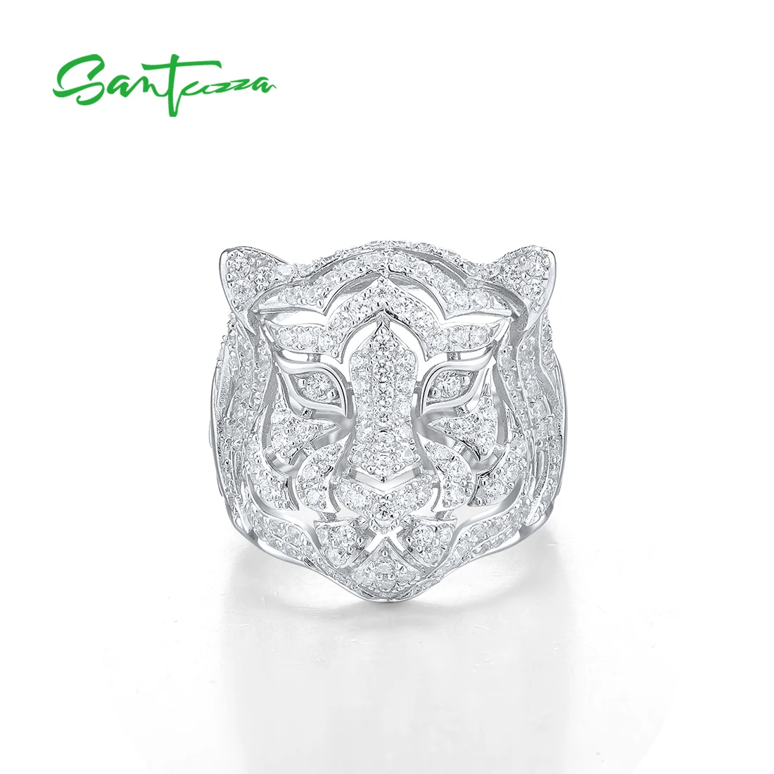 

SANTUZZA Genuine 925 Sterling Silver Neutral Ring For Women / Men Sparkling White Cubic Zirconia Cute Tiger Animal Fine Jewelry