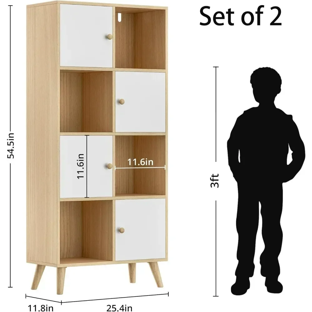 Book Shelves,Oak and White 8 Cube Organizer Set of 2,4-Tier Bookshelf with Doors,books Shelf