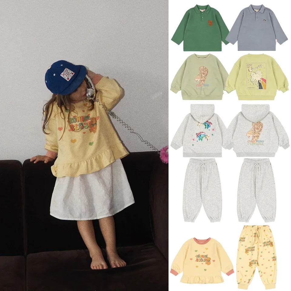 26KS Kids 2-Piece Set Tiger Star Print Hoodie Puppy Collar Top Cotton Pants AW Boy Girl Sweatshirt Casual Outfit for Children