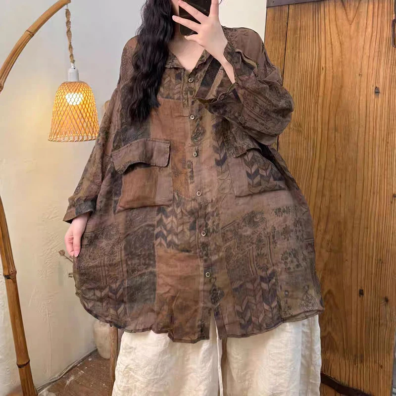 

Spring Summer New Arts Style Women Turn-down Collar Single Breasted Loose Long Blouse Vintage Print Double Pockets Ramie Shirt