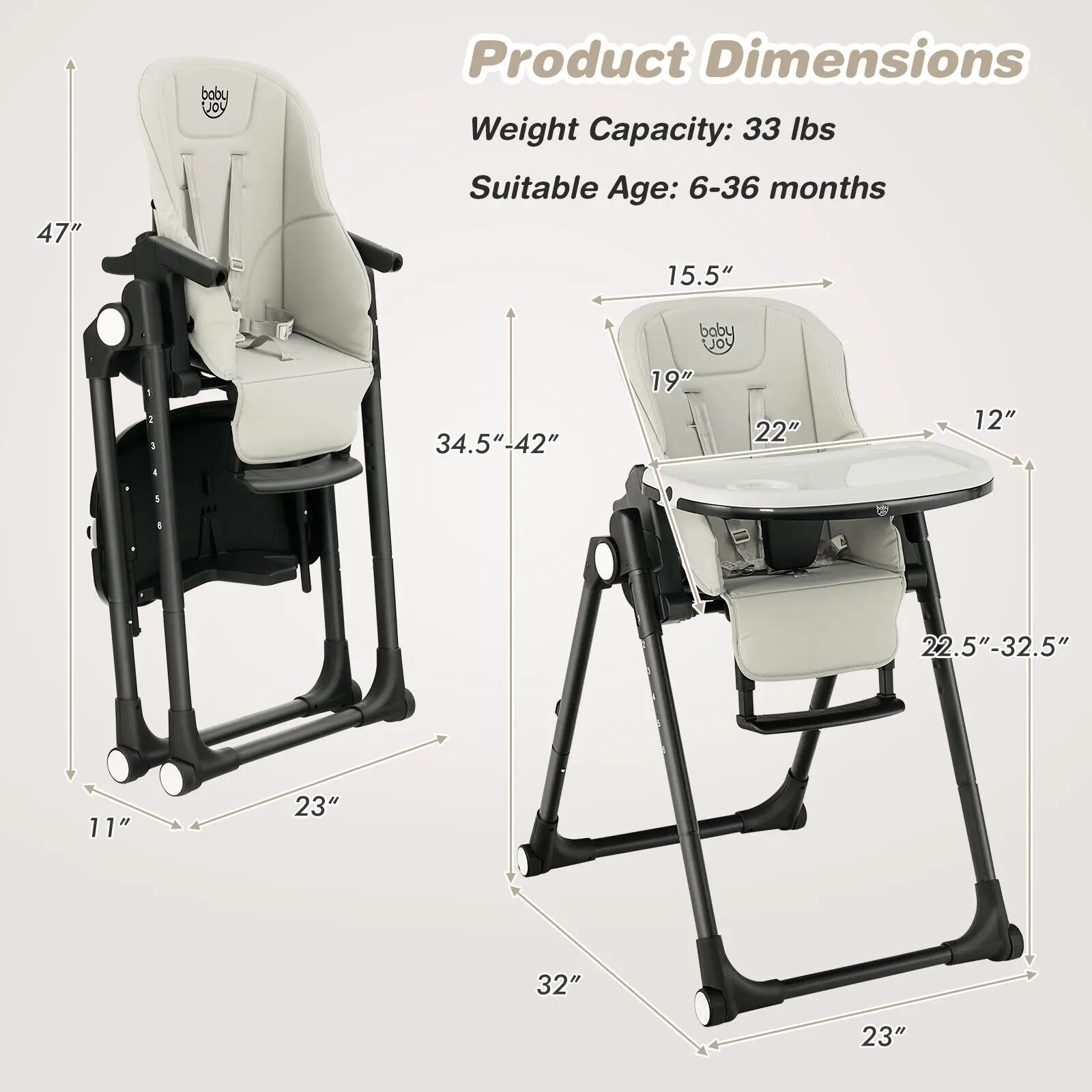 Babjoy 4-in-1 Foldable Baby High Chair Height Adjustable Feeding Chair w/ Wheels Grey