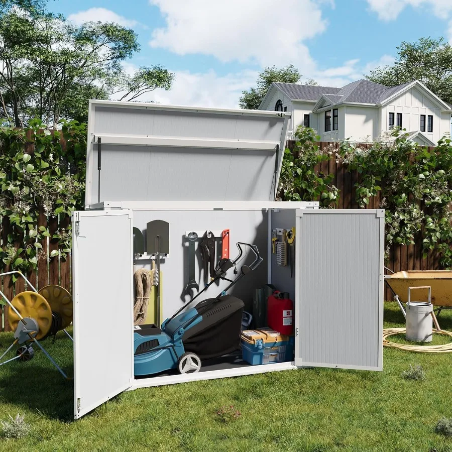 Outdoor storage shed for backyard use, weatherproof resin material, gray color, includes durable floor and lockable door