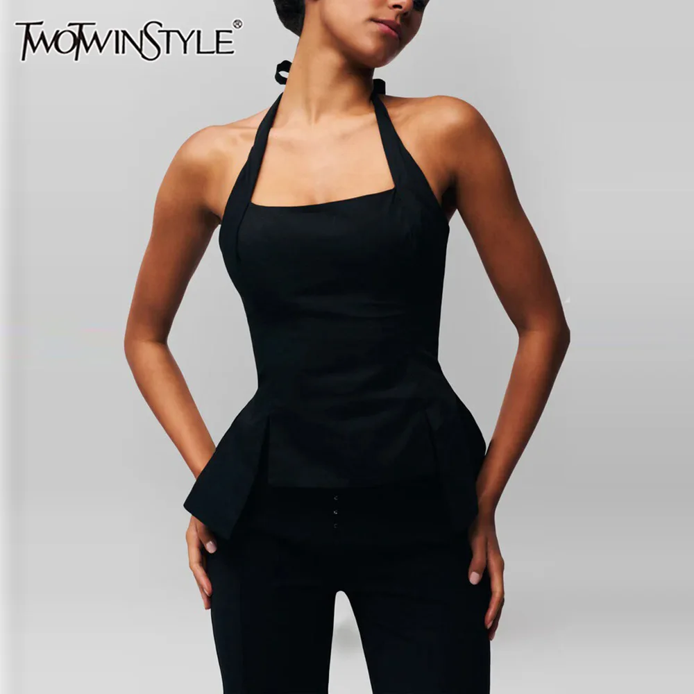 TWOTWINSTYLE Solid Spliced Lace Up Vests for Women Square Neck Sleeveless Tunic Minimalist Vest Female Clothes
