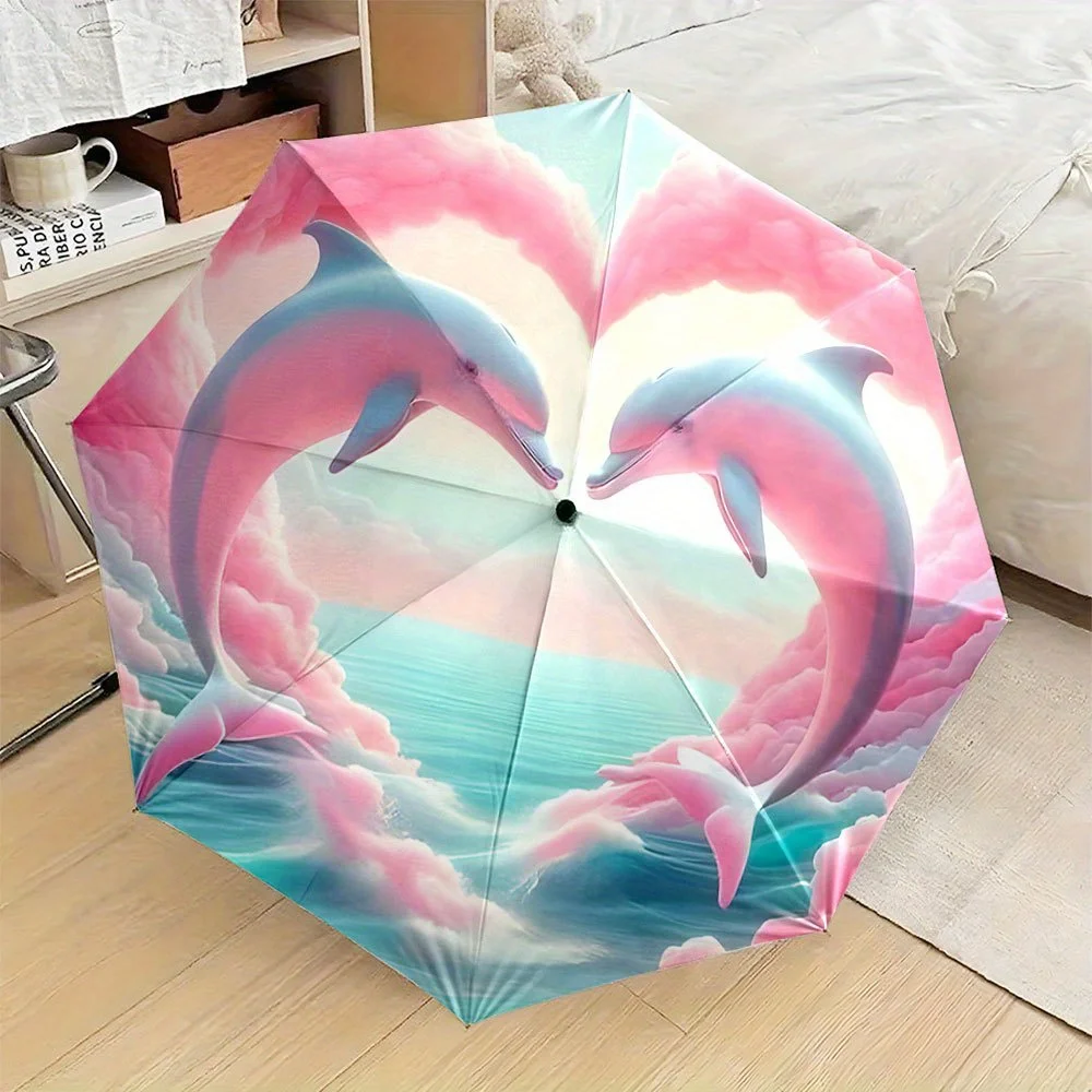 

Женский автоматический складной зонт с дизайном «2 дельфина и пастельный океан» — фиолетово-бирюзовый дорожный зонт, 8 спиц, компактный.